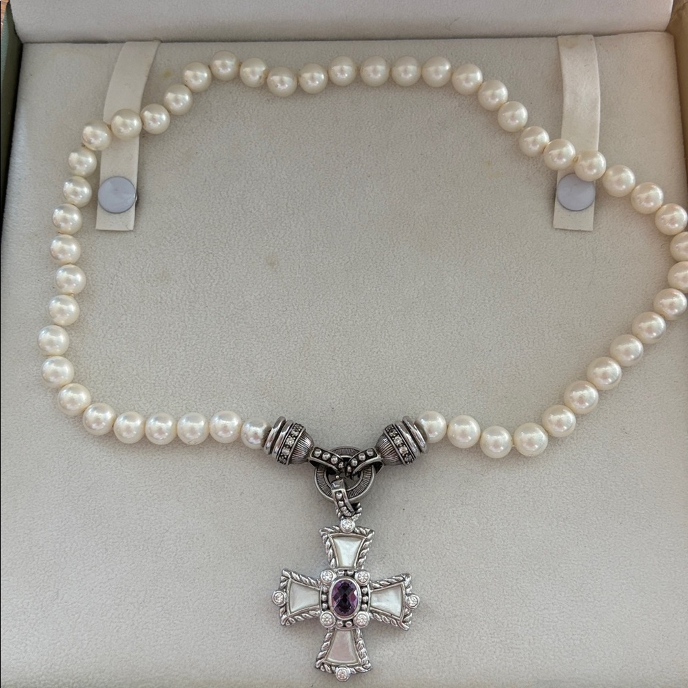 Judith Ripka faux pearl necklace with fitting for pendants and MOP Maltese cross